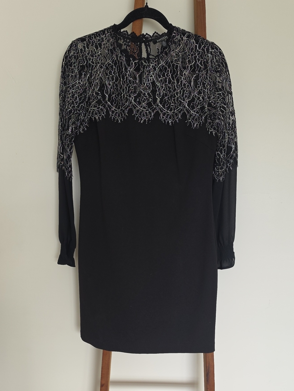 Kensie Black Dress with Silver Lace Yoke and Long Sleeves